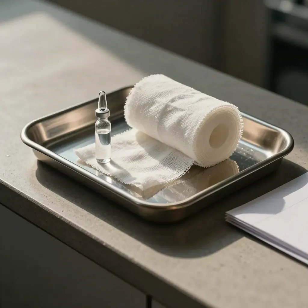 Clinical tray with ampoule, gauze roll and folder edge on stone, lit in cool macro detail.