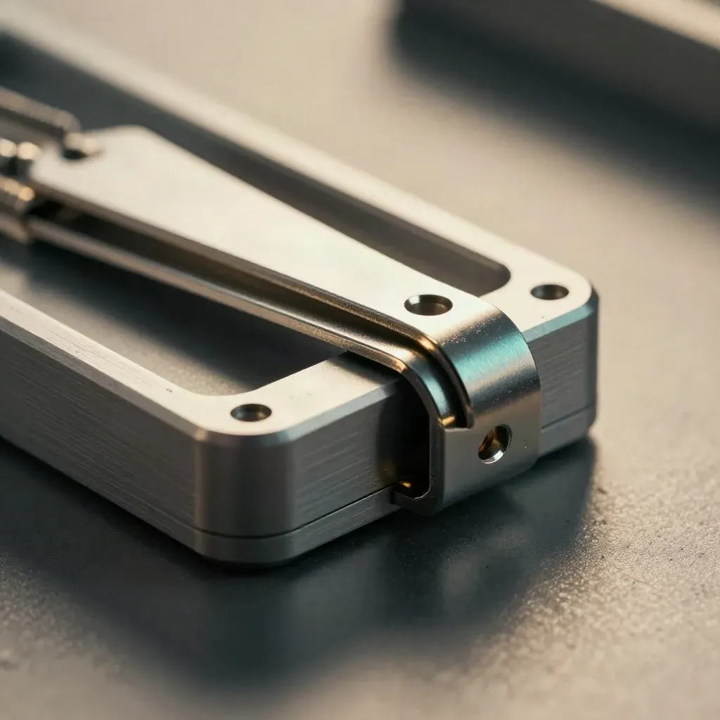 Macro of an aluminium prototype case, tray insert, cable ties and clip on brushed metal.