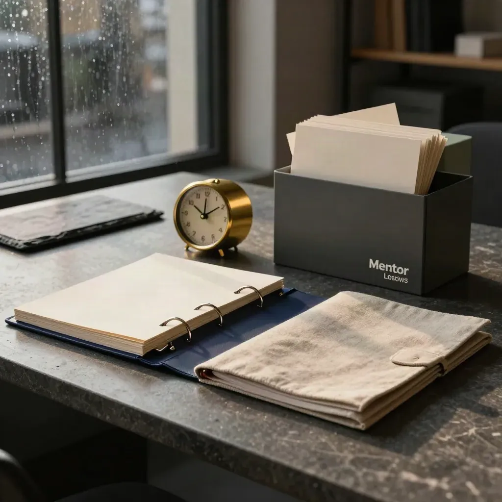 Charcoal binder, brass timer, appointment cards and linen folio on stone in soft studio light.