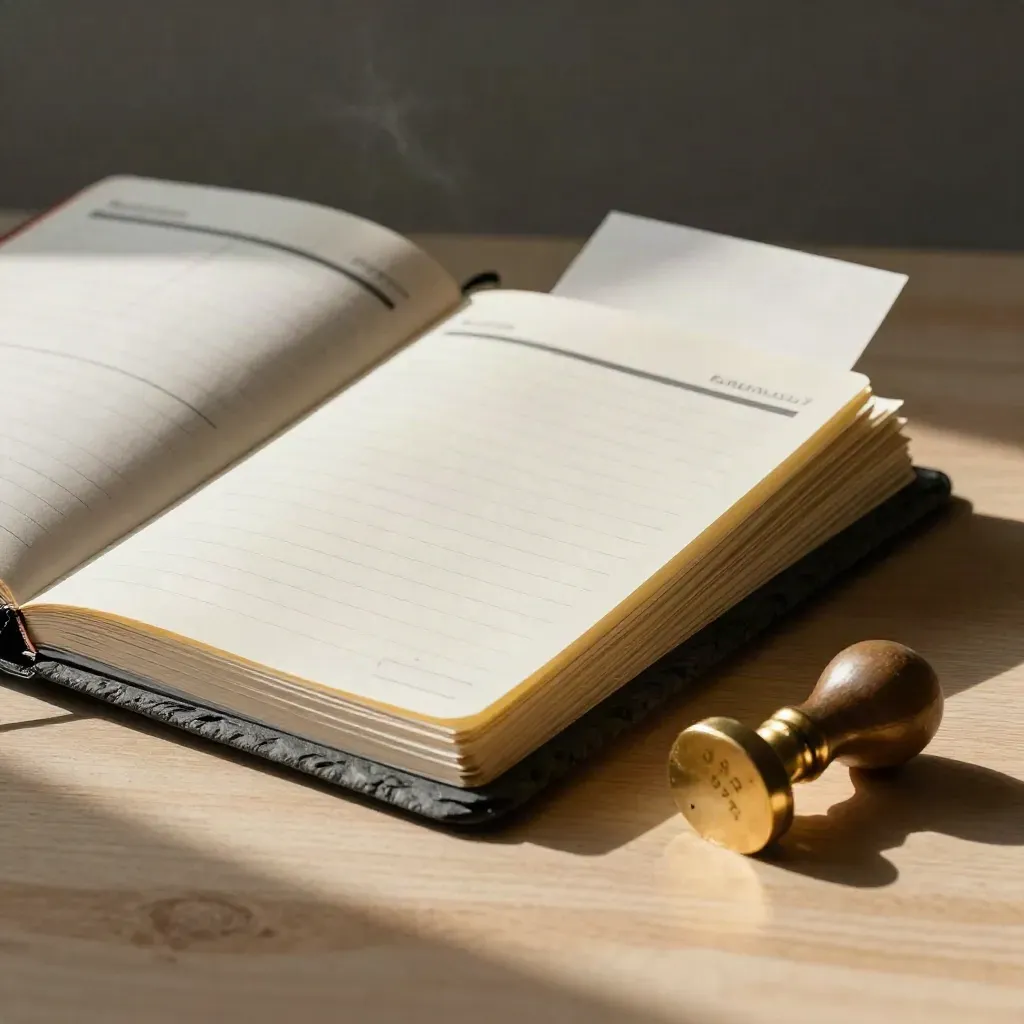 Slate planner, brass stamp, eraser block, and index cards on pale wood in dramatic light.