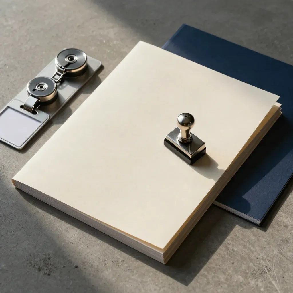 Top-down still life of onboarding folders, date stamp, badge reels, and filing tray on concrete.
