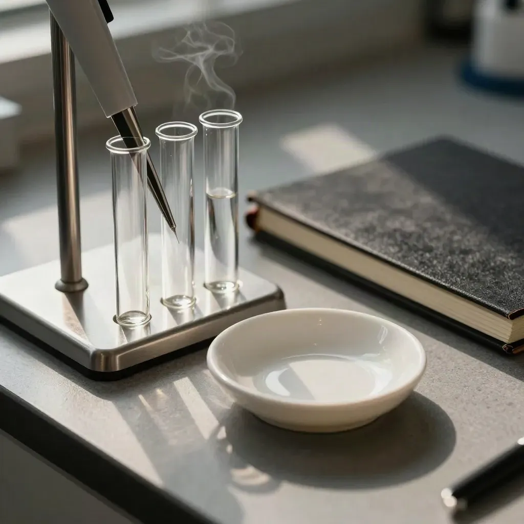 Macro still life of lab vials, pipette stand, ceramic dish and closed notebook on graphite metal.