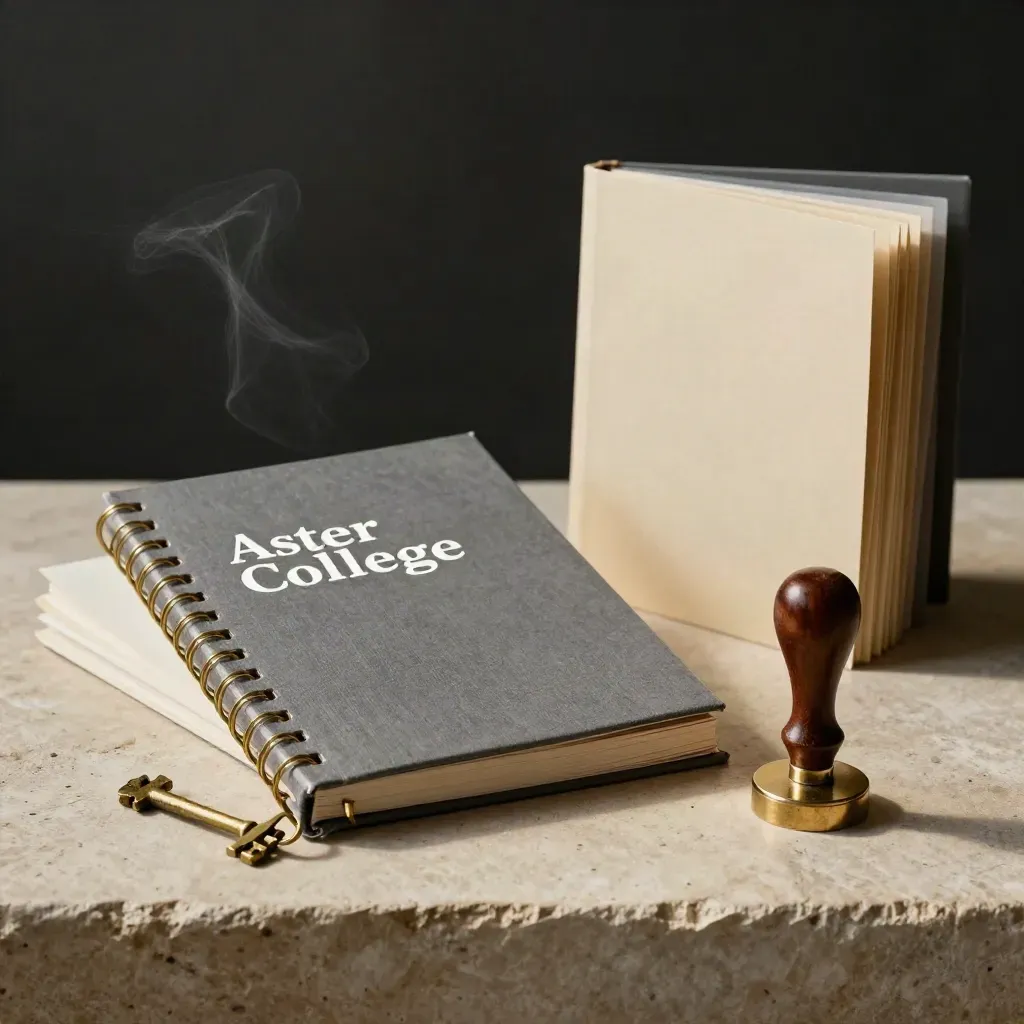 Course pack, brass key, library stamp, and archive dividers on pale stone with dramatic shadow.