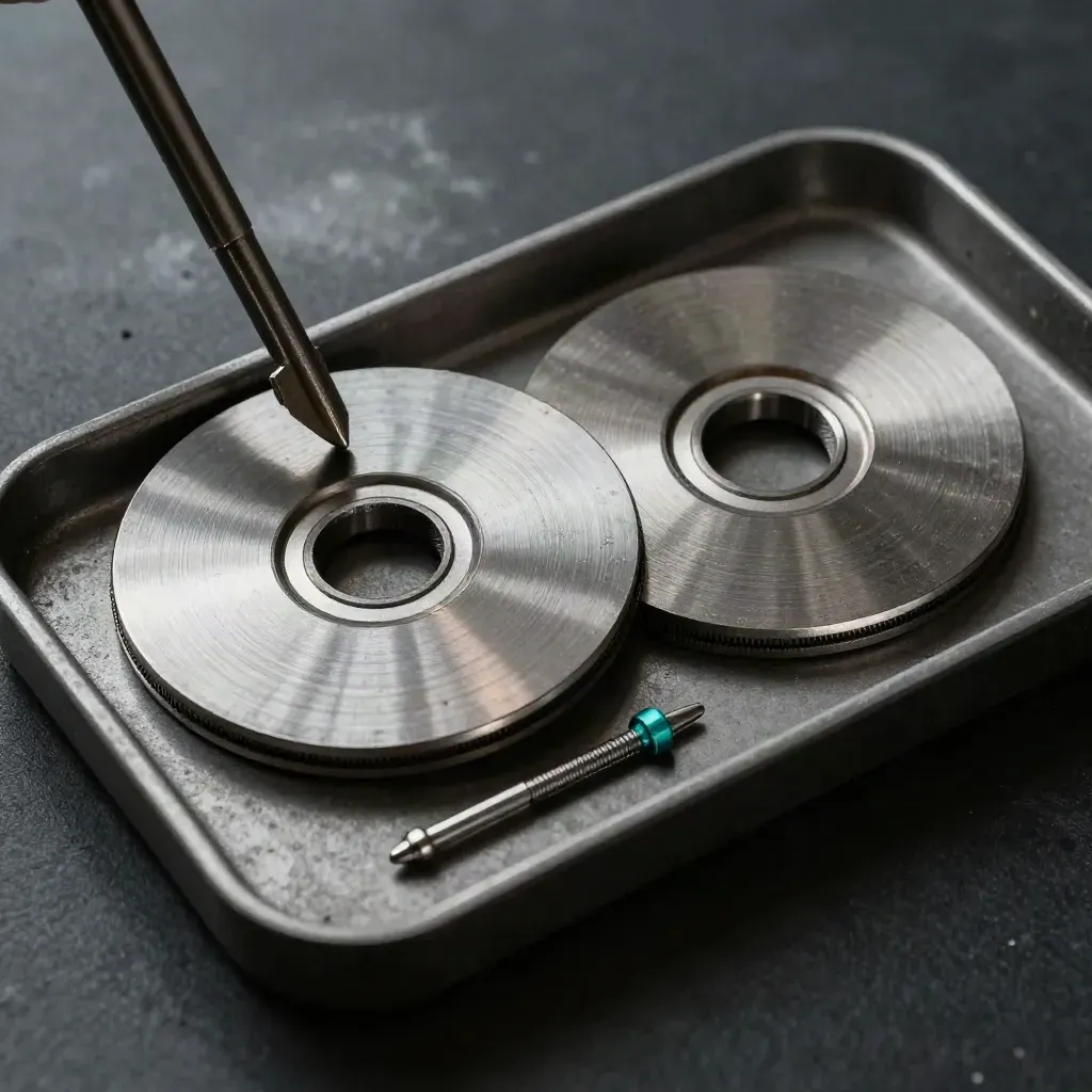 Brushed-steel discs and an indexing pin in a graphite tray under raking light.