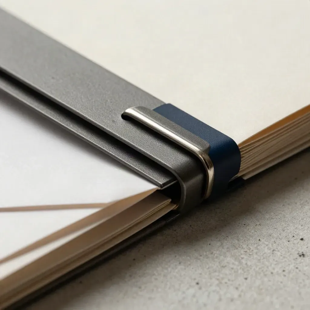 Macro top-down of a navy folder spine, divider tabs, clamp and sealed envelope on pale concrete.