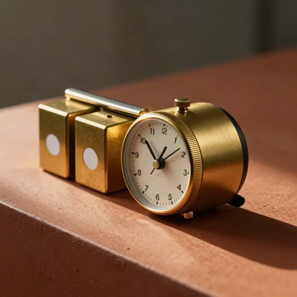 Brass calendar blocks, a mechanical timer, and a metal clip on terracotta clay.
