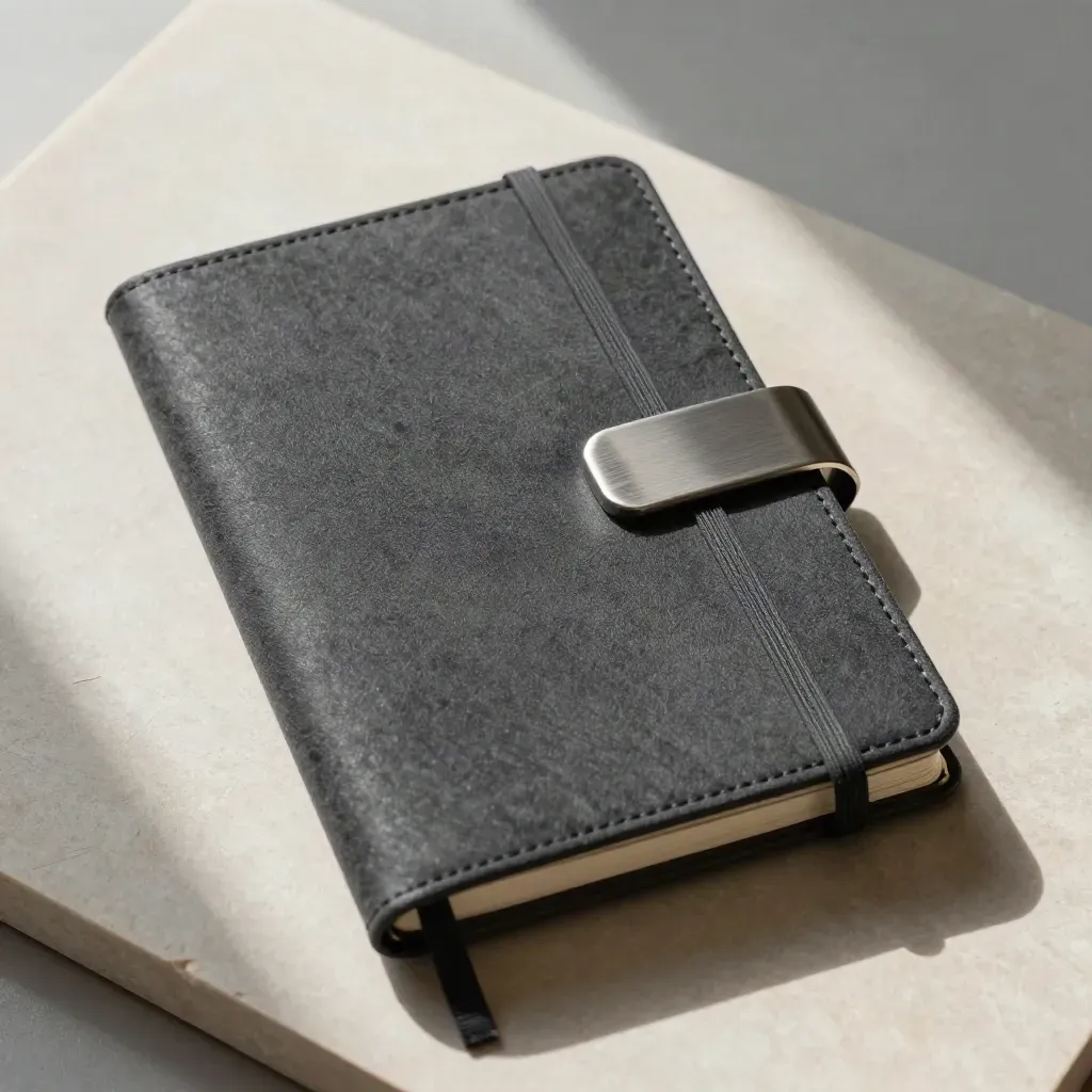 Closed ledger notebook with slate tabs and a metal page marker on stone