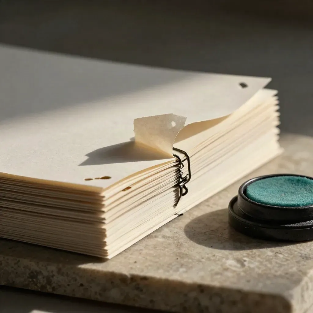 Macro of perforated paper stack clipped beside a teal ink pad on limestone.
