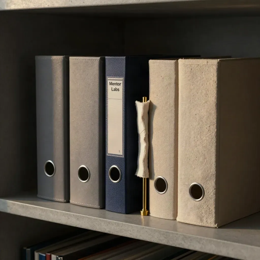 Archive boxes, navy binder spine, and brass index rod on a dark concrete shelf.