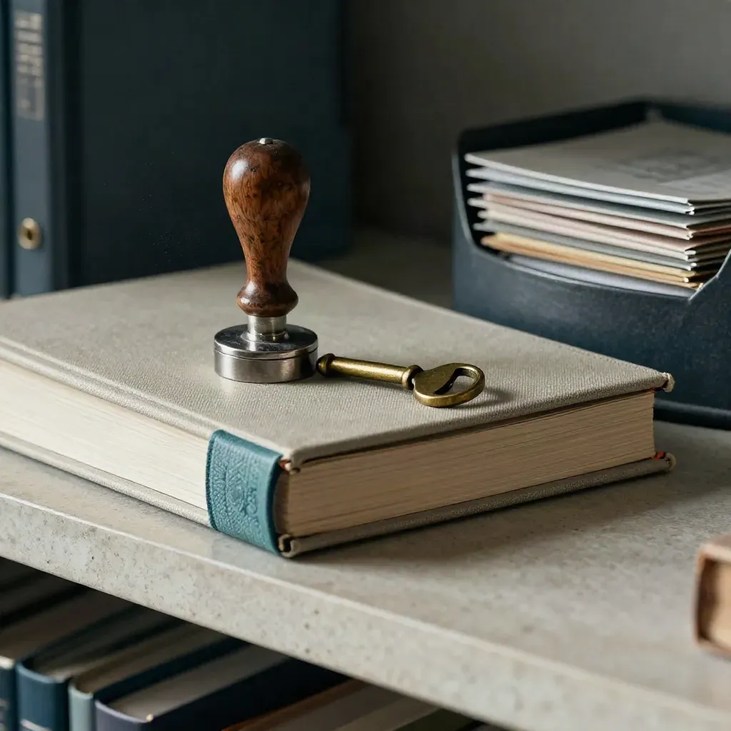 Library stamp, course binder, brass key and filing tray on a stone shelf