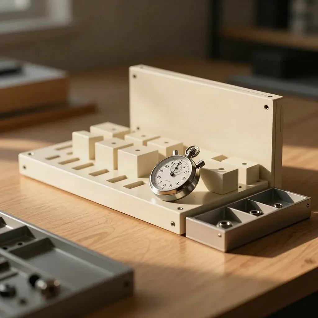 Prototype rack, stopwatch, modular blocks and parts tray in a dim studio still life.