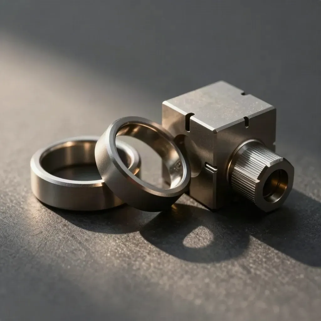 Linked aluminium rings, ferrule and connector block on graphite surface with dramatic studio light.