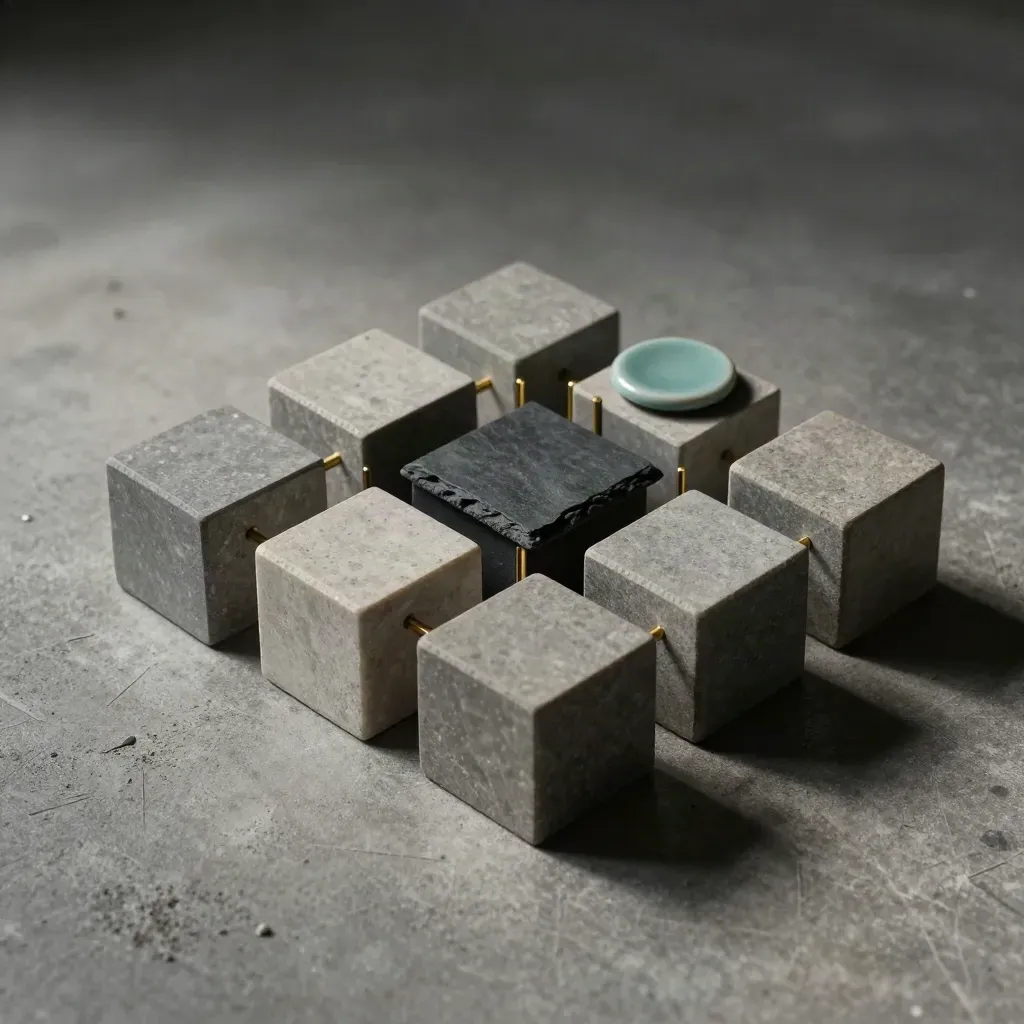 Top-down still life of stone cubes, brass pins, and a paperweight on concrete.