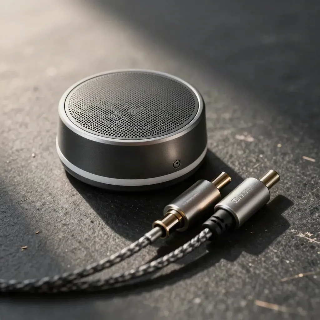 Graphite speaker puck with silver rings and braided cable on dark stone