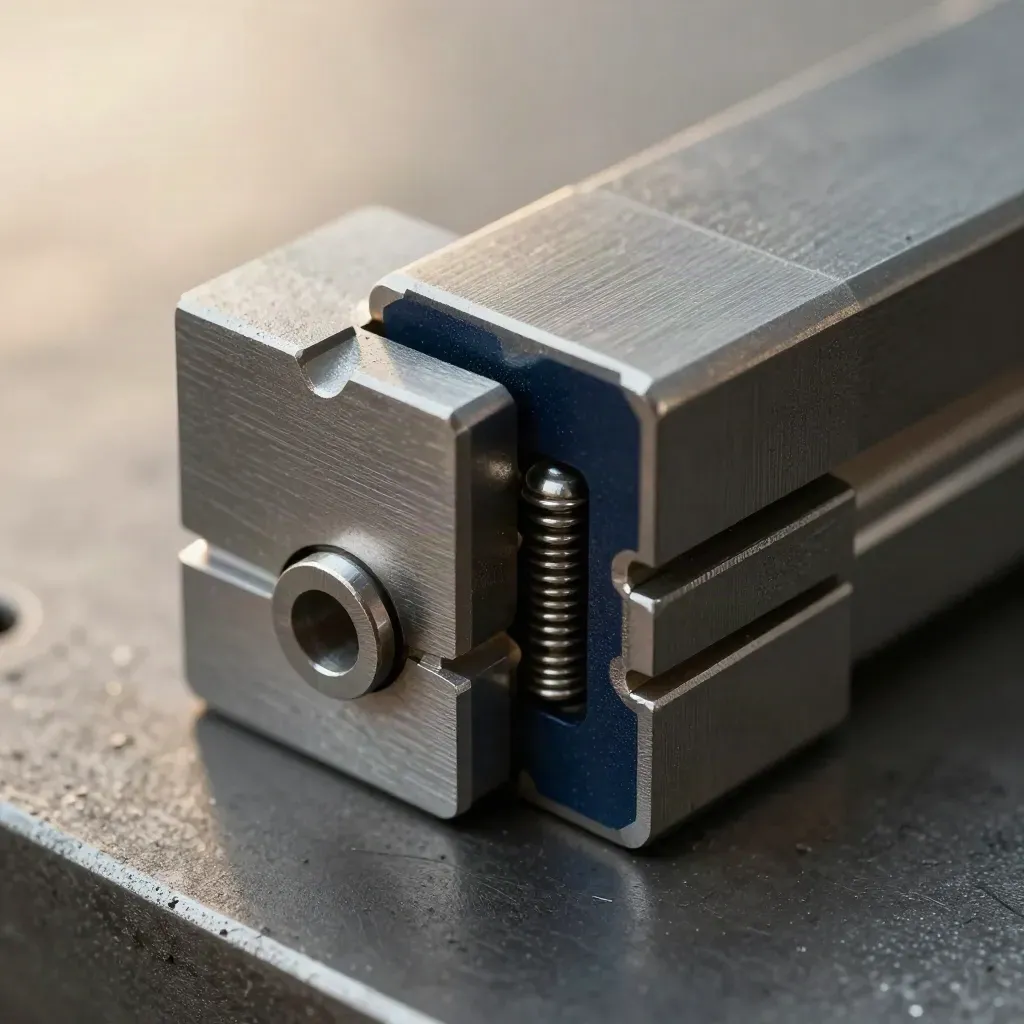 Machined blocks and a rail guide clicking together in extreme macro on brushed metal.