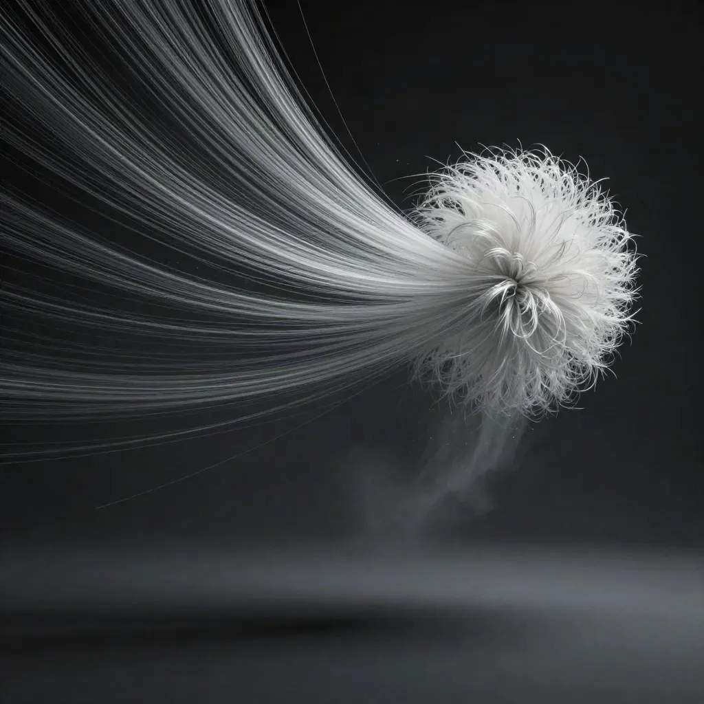 Silver filaments converge into a white bloom in dark graphite haze, with open calm space.